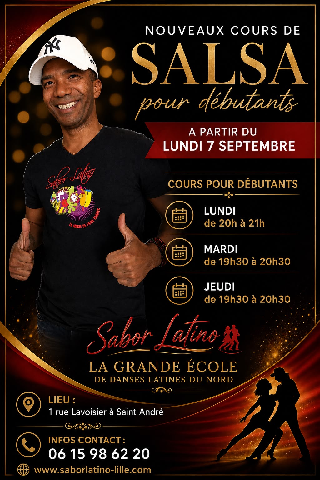 Affiche Sabor Latino : nouveaux cours de salsa pour débutants à partir du lundi 7 septembre, lundi 20h-21h, mardi et jeudi 19h30-20h30, 1 rue Lavoisier à Saint-André