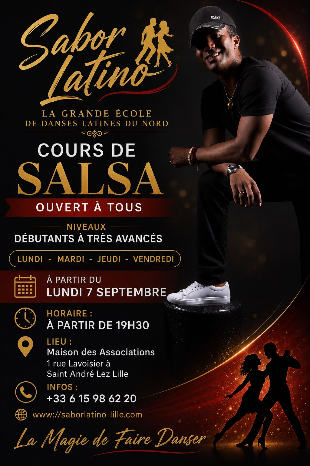Affiche Sabor Latino : cours de salsa ouverts à tous, débutants à très avancés, à partir du lundi 7 septembre à 19h30, Maison des Associations, Saint-André-lez-Lille