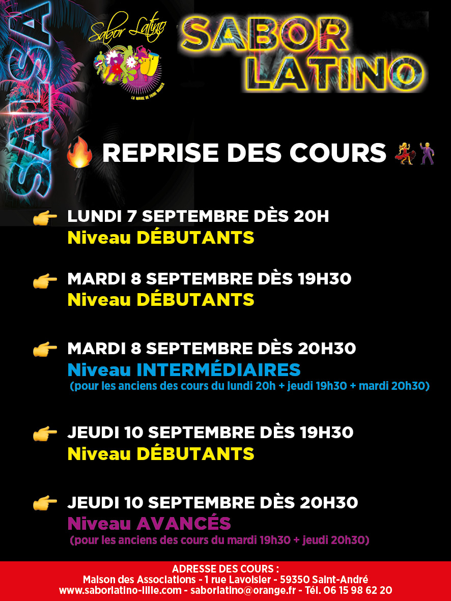 Affiche reprise des cours Sabor Latino septembre 2026 : lundi 7 septembre 20h débutants, mardi 8 septembre 19h30 débutants et 20h30 intermédiaires, jeudi 10 septembre 19h30 débutants et 20h30 avancés, Maison des Associations, 1 rue Lavoisier, Saint-André