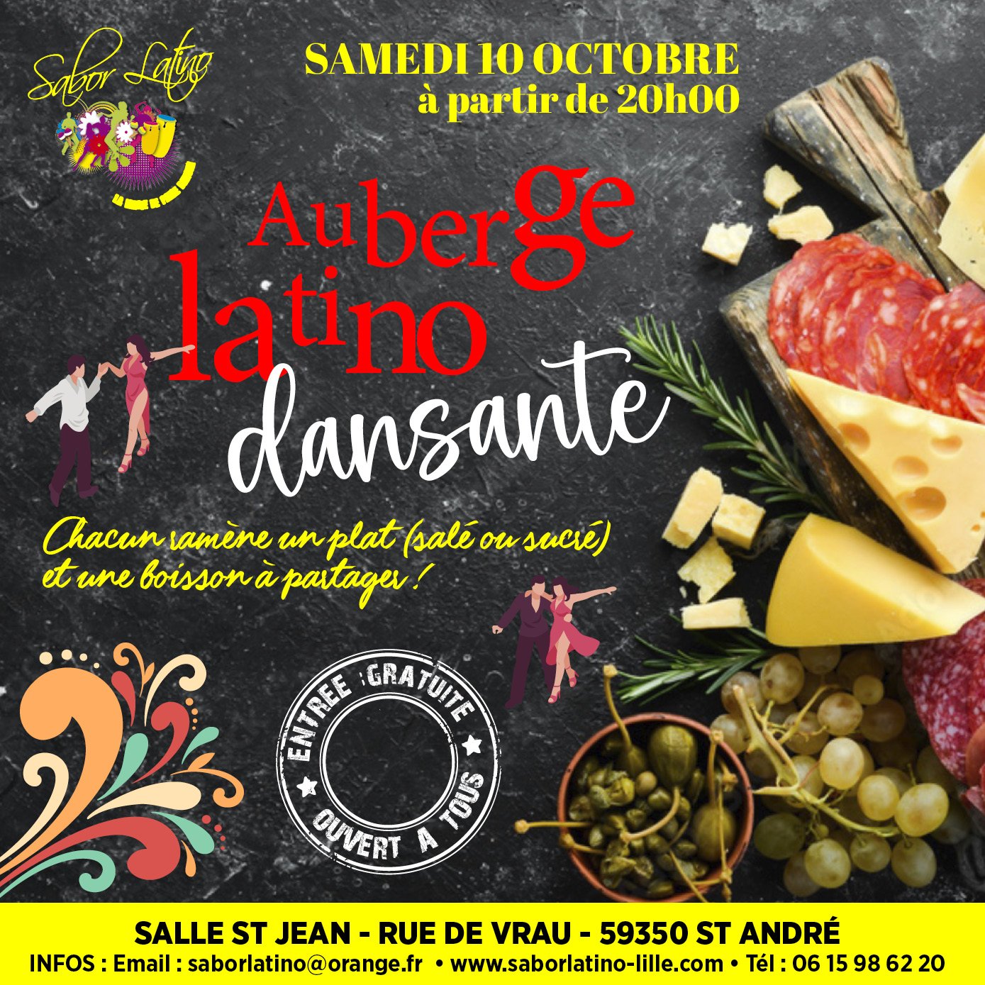 Affiche de la soirée Auberge latino dansante Sabor Latino, samedi 10 octobre 2026 à partir de 20h, Salle St Jean, rue de Vrau, Saint-André : chacun apporte un plat et une boisson à partager, entrée gratuite et ouverte à tous