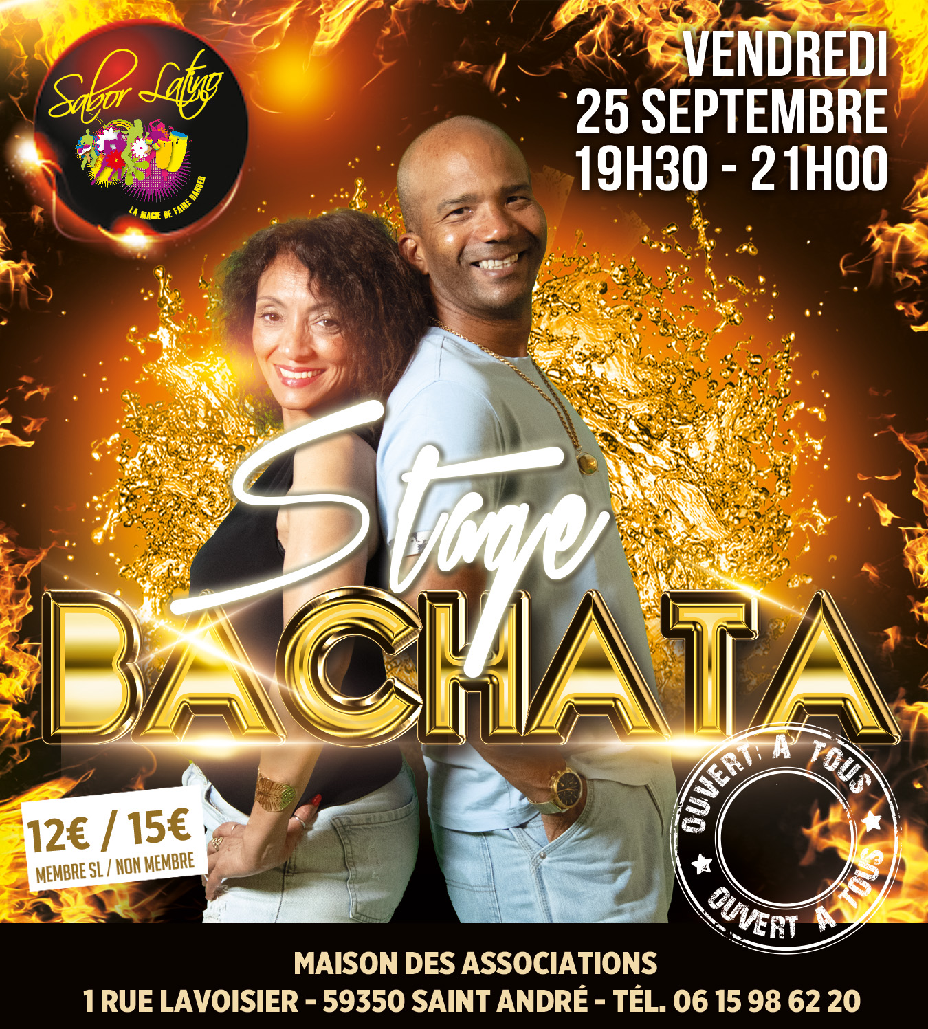 Affiche du stage de bachata Sabor Latino, vendredi 25 septembre 2026 de 19h30 à 21h, Maison des Associations, 1 rue Lavoisier, Saint-André — ouvert à tous, 12 € membres et 15 € non-membres