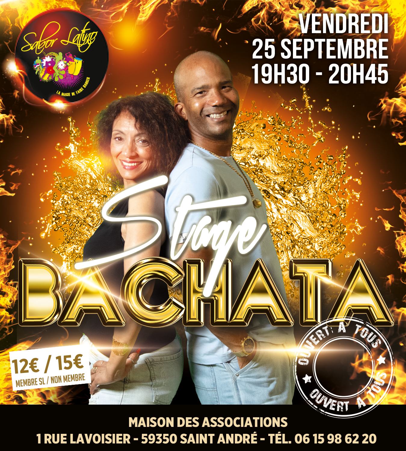 Affiche du stage de bachata Sabor Latino, vendredi 25 septembre 2026 à partir de 19h30, Maison des Associations, 1 rue Lavoisier, Saint-André — ouvert à tous, 12 € membres et 15 € non-membres