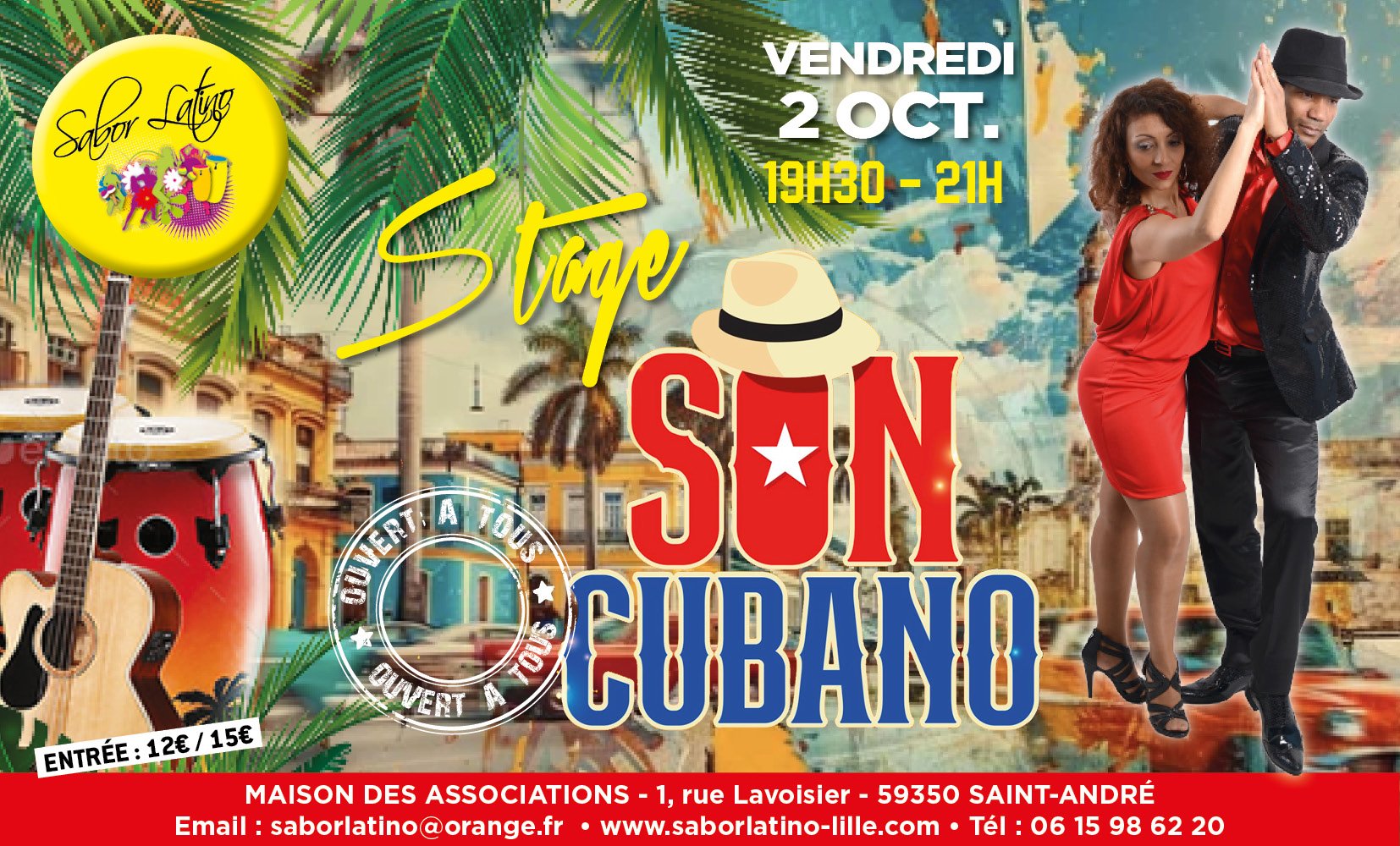 Affiche du stage de Son Cubano avec Ardelis, vendredi 2 octobre 2026 de 19h30 à 21h, Maison des Associations, 1 rue Lavoisier, Saint-André : ouvert à tous, entrée 12 € / 15 €