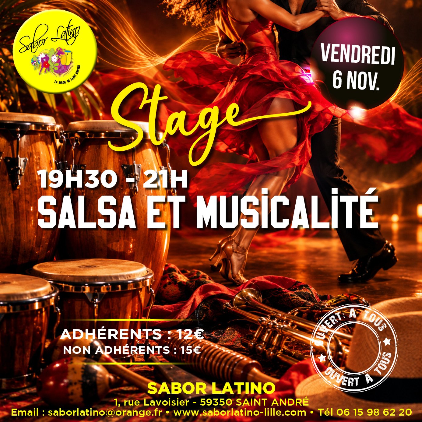 Affiche du stage Salsa et Musicalité avec Ardelis Font, vendredi 6 novembre 2026 de 19h30 à 21h, Sabor Latino, 1 rue Lavoisier, Saint-André : ouvert à tous, adhérents 12 €, non adhérents 15 €